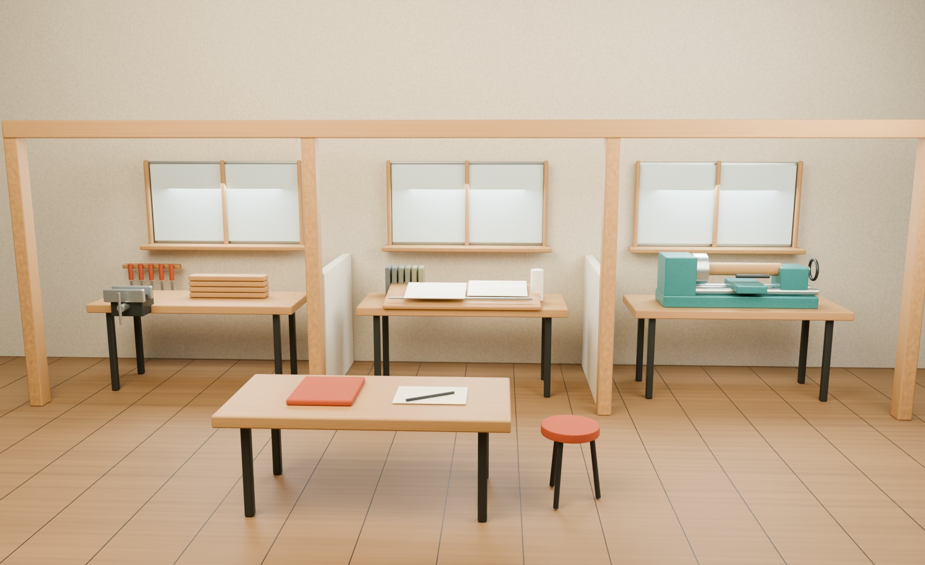 A shared workshop opens into woodworking, drafting, and machining bays, each with its own tools.