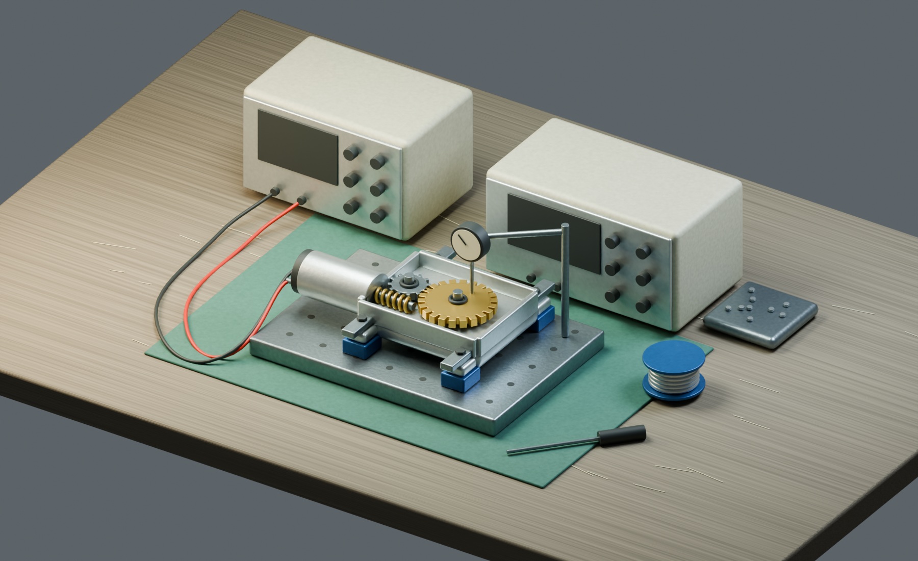 A motor and open gearbox sit in custom blue supports on a worn workbench, surrounded by test leads and instruments.