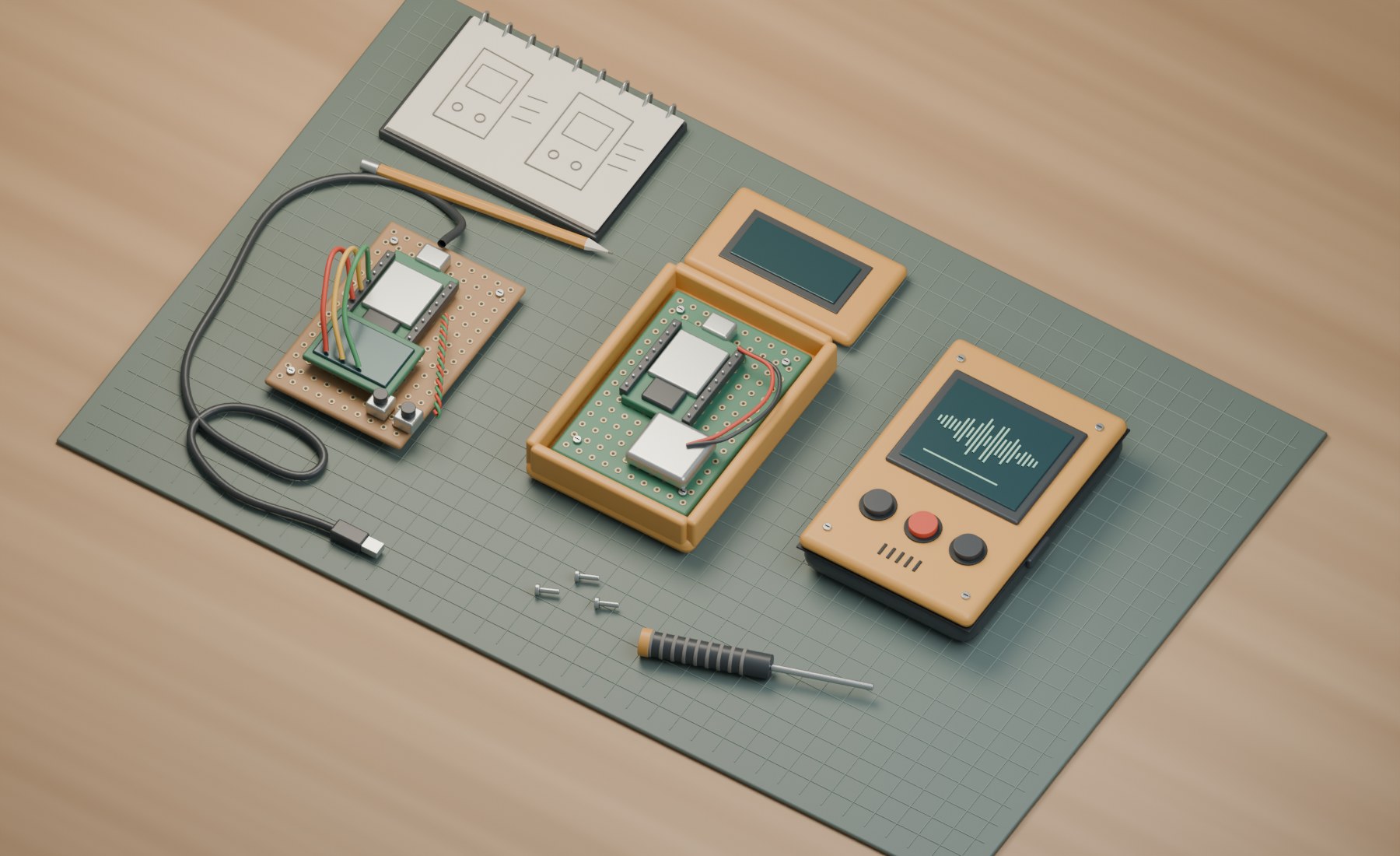 Three handheld-device builds on a green workbench mat: an exposed board with looped wires, an open ochre enclosure, and an assembled device with a waveform display and three buttons. A sketchbook, pencil, screwdriver, and loose screws surround them.