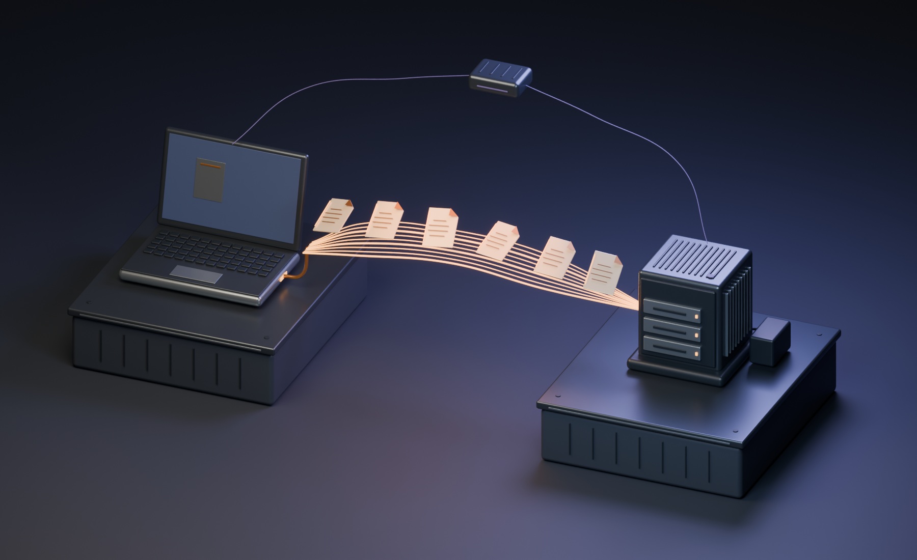 Two peer devices connected by a direct transfer route, with a small coordination beacon above them.